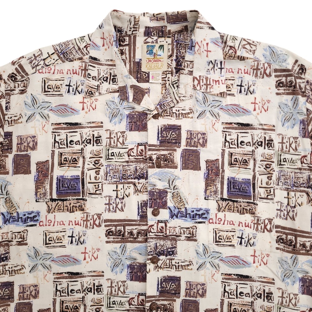 Kahala Shirt Mens XL John Severson Linen‎ Blend Ivory Tiki Hawaiian Button Up